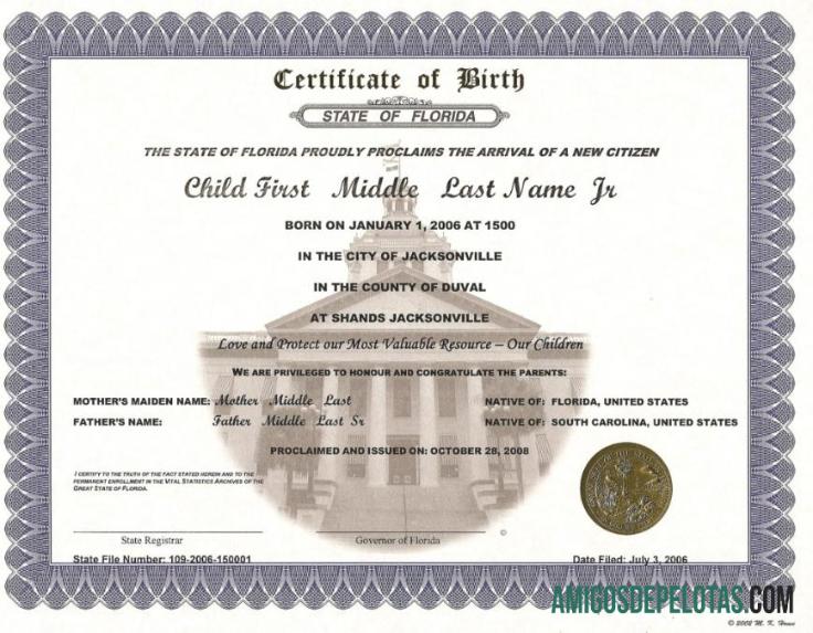 Certidão de nascimento do registrador dos Estados Unidos na Flórida baixar para verificação